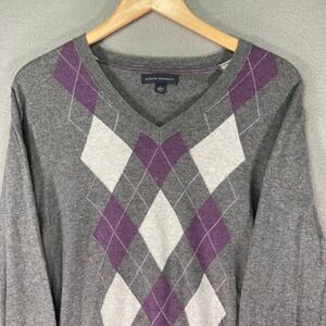 Banana Republic Men's Gray‎ Argyle V-Neck Sweater Size L Wool Cashmere Blend